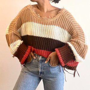 Striped Oversized Distressed Knit Sweater